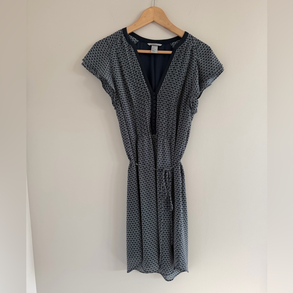 H&M Sz 6 Navy & White Geometric Print Tie Waist Dress Casual Midi Dress